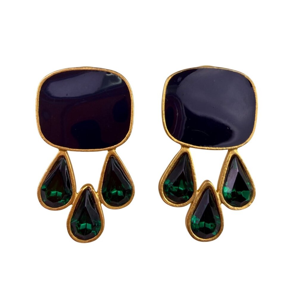 1980s Unknown Women Gold Tone Metal Drop Earrings Green Crystal Black Enamel